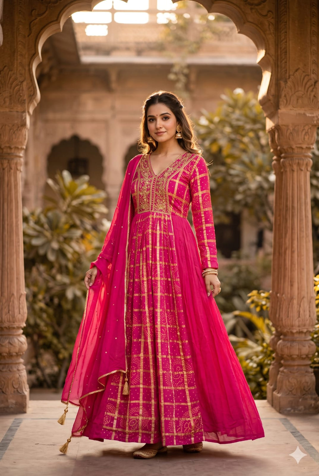 Rani Pink Bandhani & Checkered Flared Georgette Gown With Duppata.