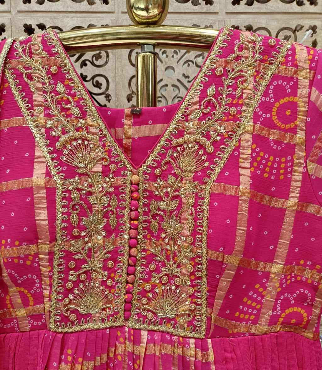 Rani Pink Bandhani & Checkered Flared Georgette Gown With Duppata.