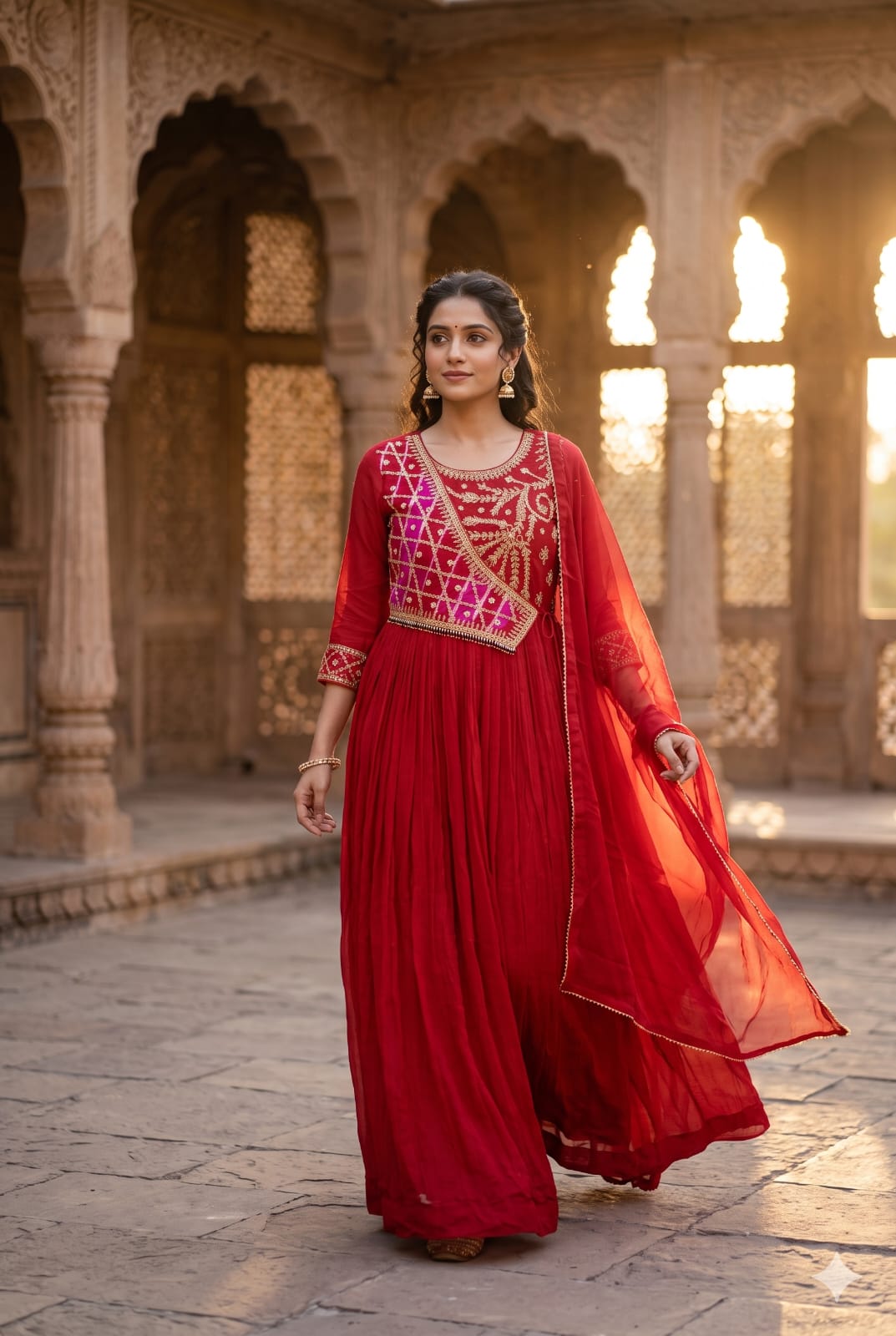 Crimson Red Asymmetric Embroidered Anarkali Gown with Dupatta.