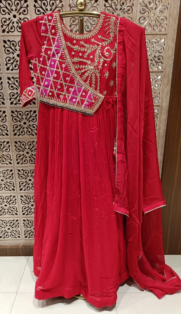 Crimson Red Asymmetric Embroidered Anarkali Gown with Dupatta.