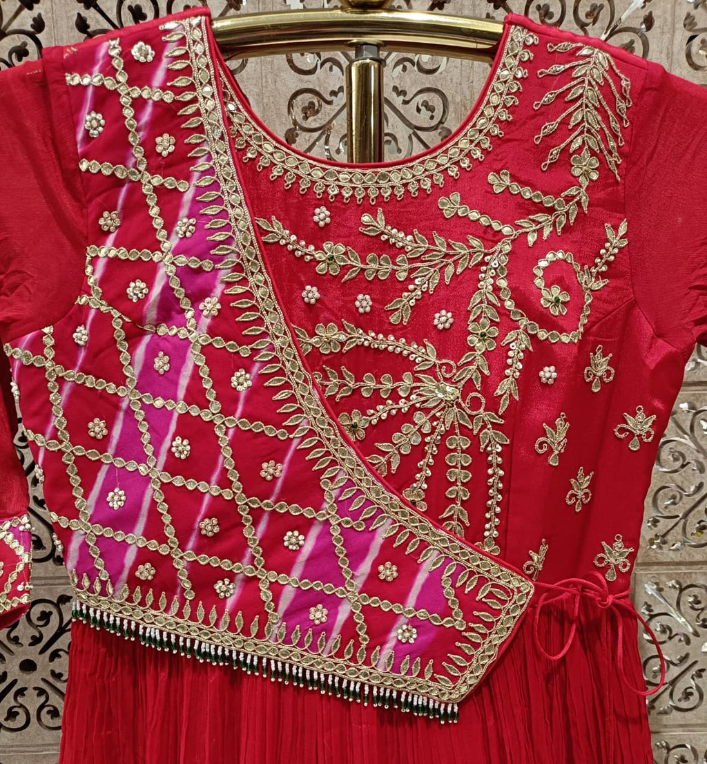 Crimson Red Asymmetric Embroidered Anarkali Gown with Dupatta.