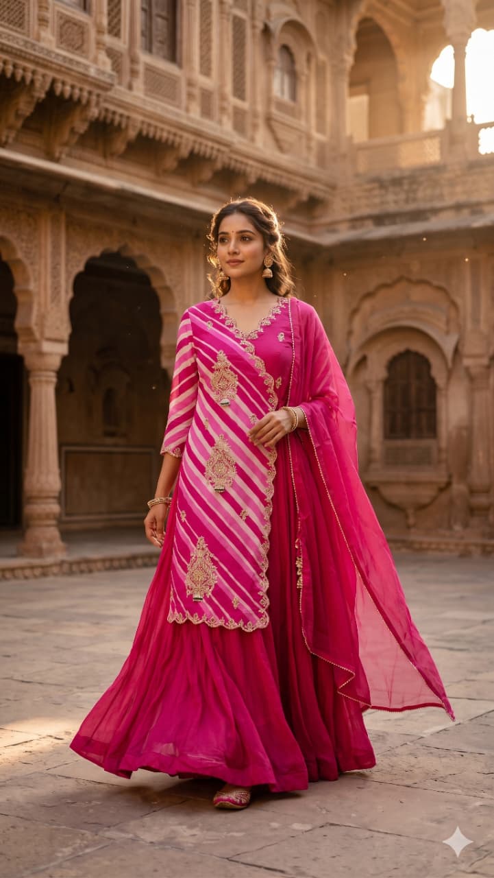 Rani Pink Leheriya Asymmetric Kurta Skirt Set with Dupatta