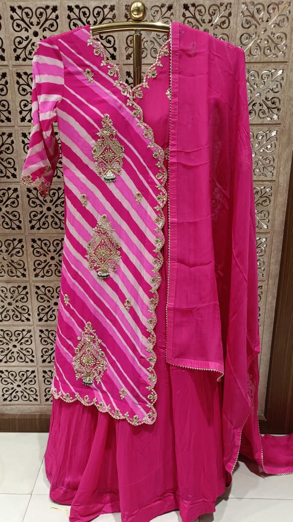 Rani Pink Leheriya Asymmetric Kurta Skirt Set with Dupatta