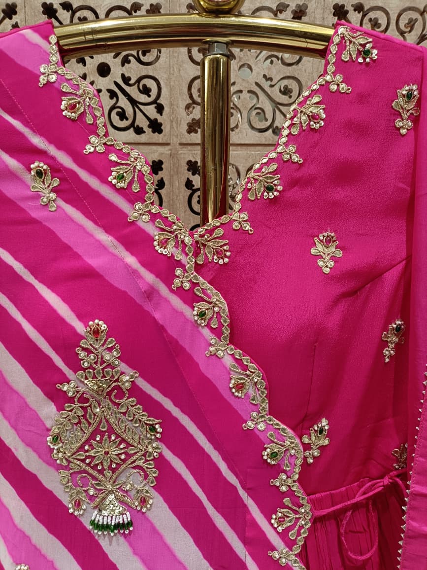 Rani Pink Leheriya Asymmetric Kurta Skirt Set with Dupatta