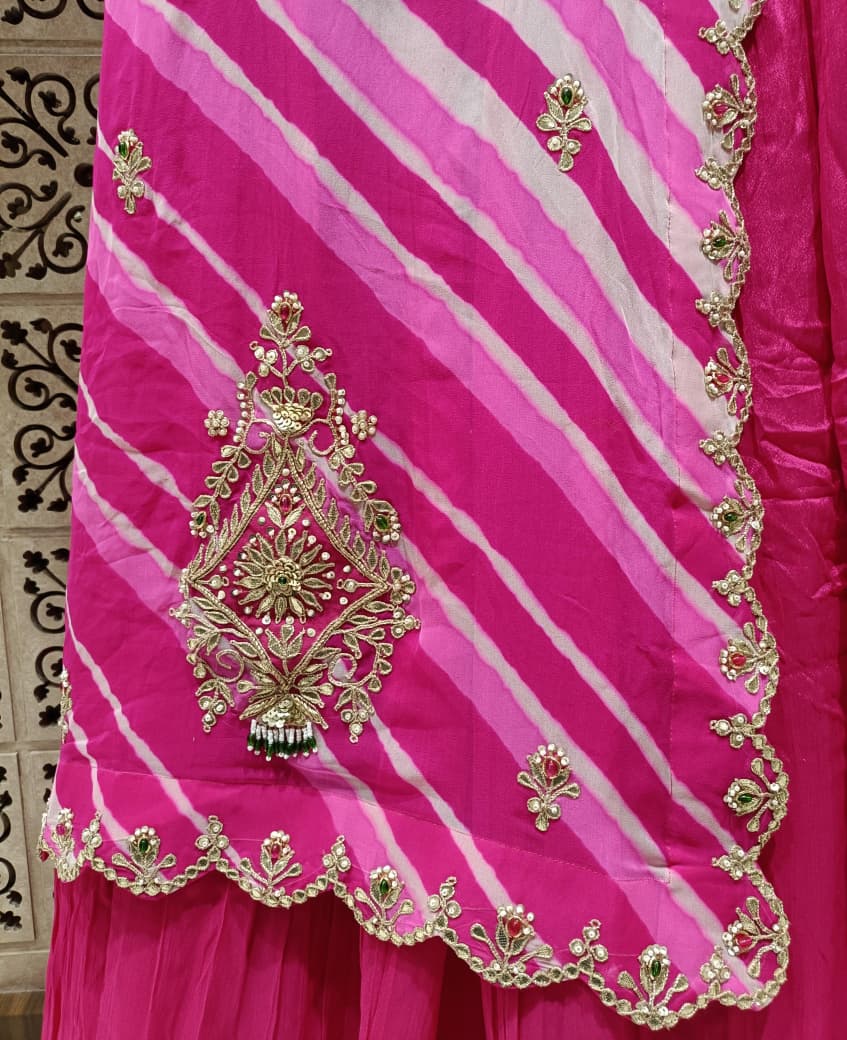 Rani Pink Leheriya Asymmetric Kurta Skirt Set with Dupatta