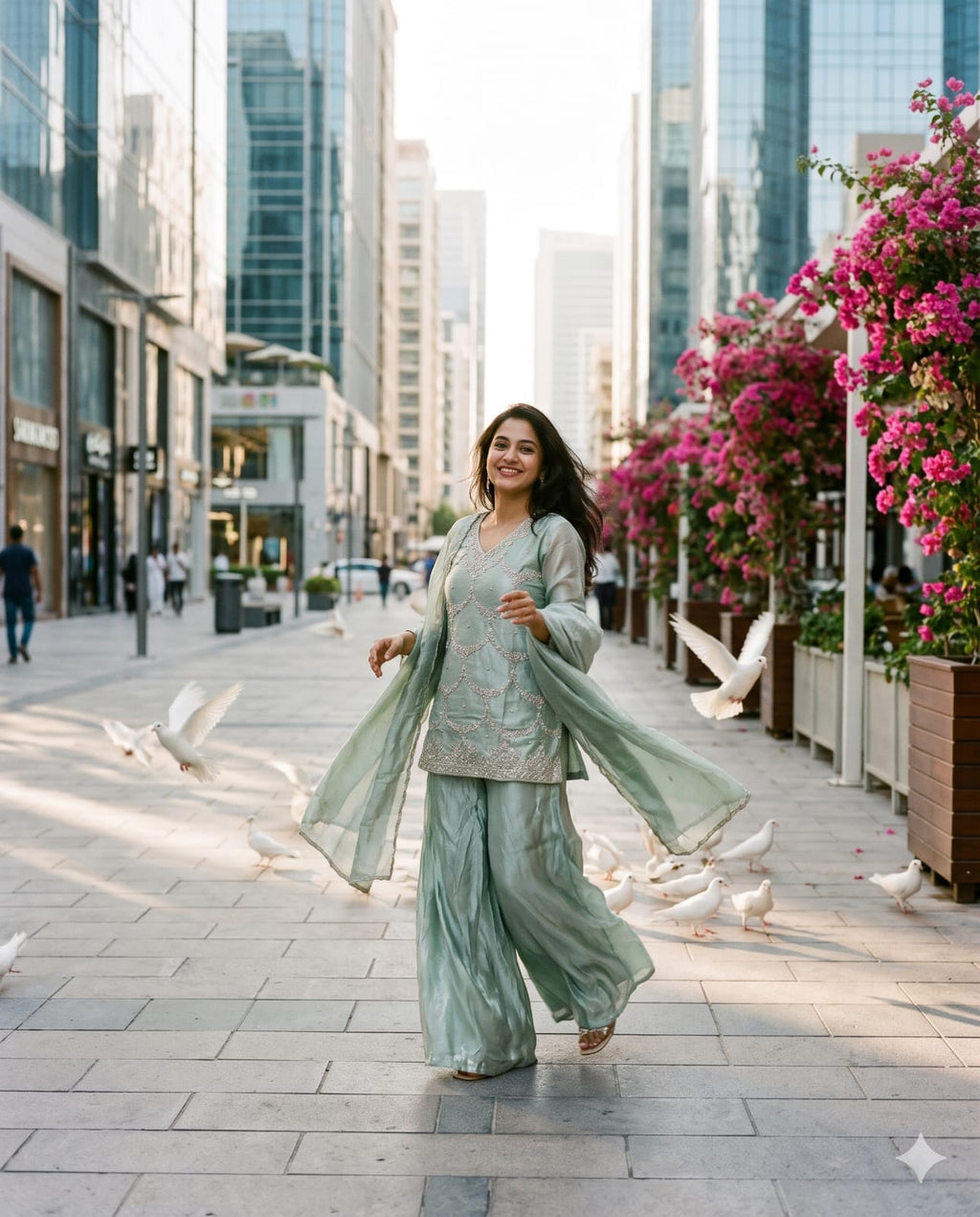 Mint Green Metallic Tissue Palazzo Suit Set with Scalloped Embroidery.