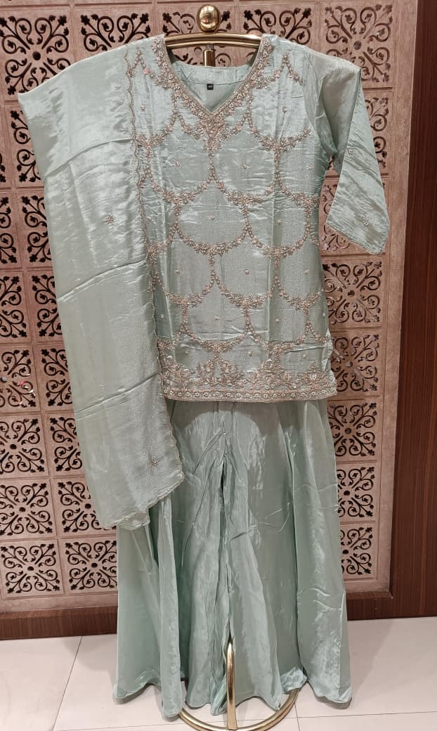 Mint Green Metallic Tissue Palazzo Suit Set with Scalloped Embroidery.