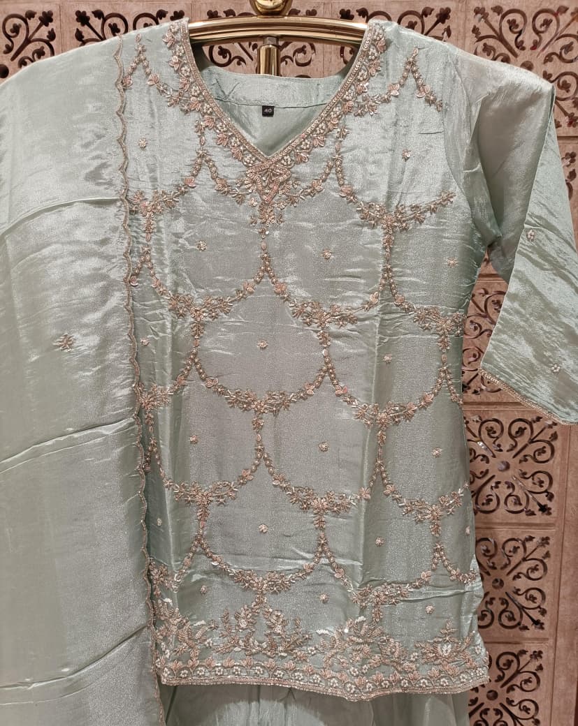 Mint Green Metallic Tissue Palazzo Suit Set with Scalloped Embroidery.