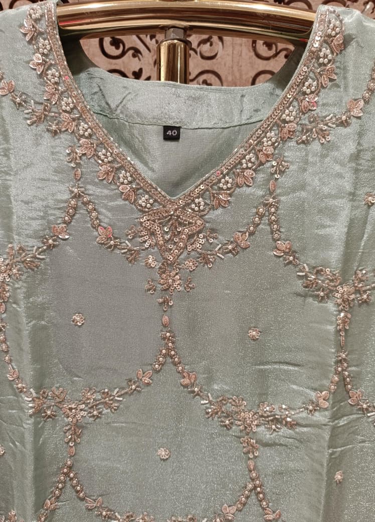 Mint Green Metallic Tissue Palazzo Suit Set with Scalloped Embroidery.