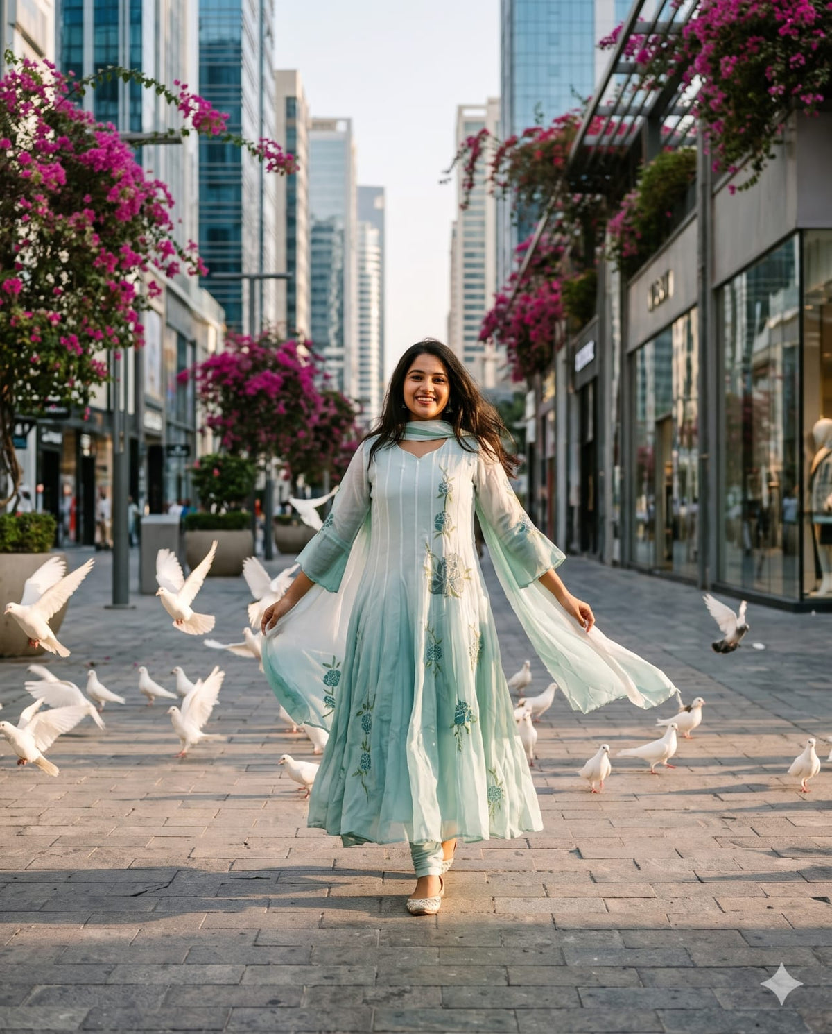 Mint Green Ombre Pintuck Anarkali Suit Set with Floral Appliqué Set.