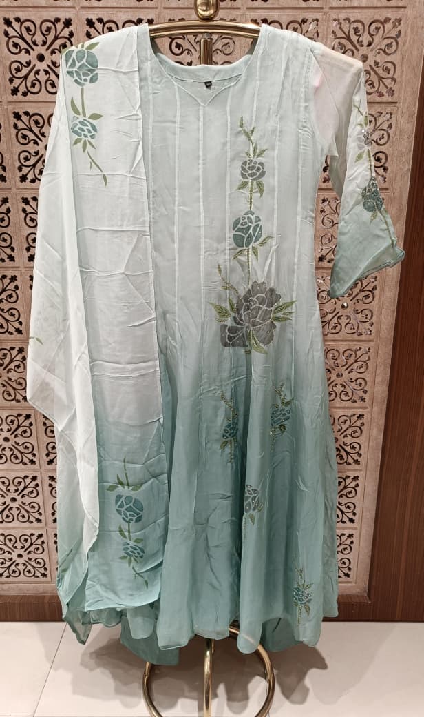 Mint Green Ombre Pintuck Anarkali Suit Set with Floral Appliqué Set.