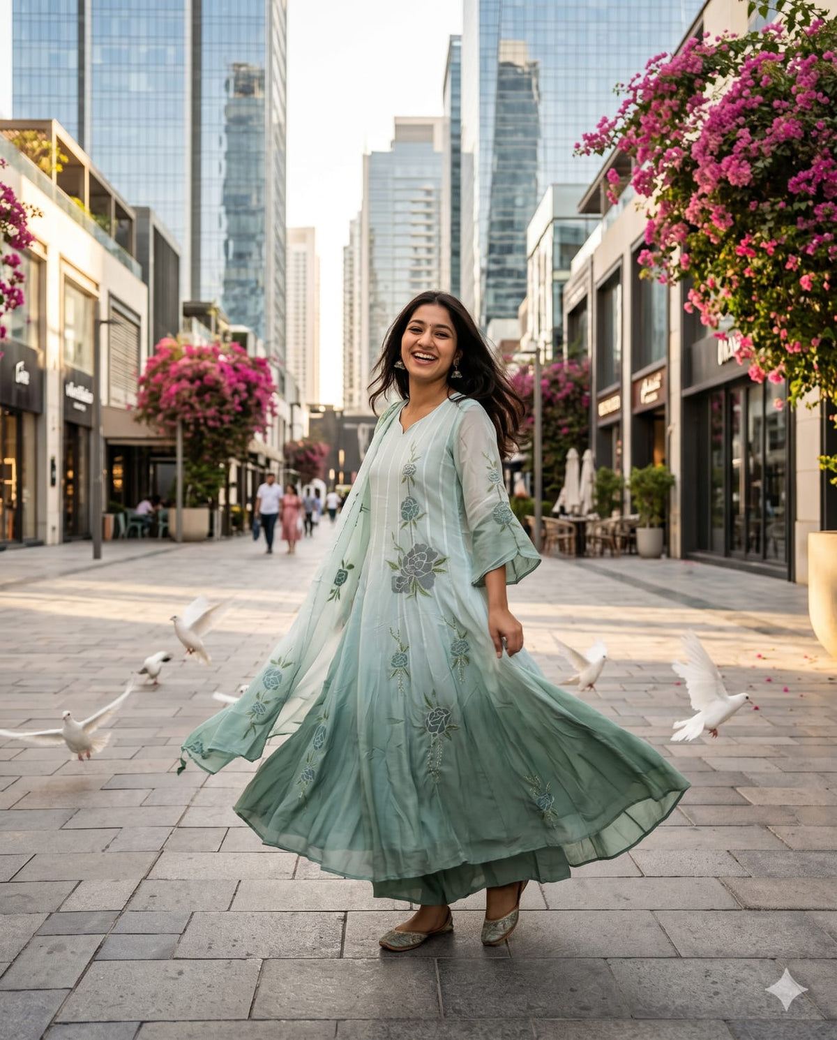 Mint Green Ombre Pintuck Anarkali Suit Set with Floral Appliqué Set.