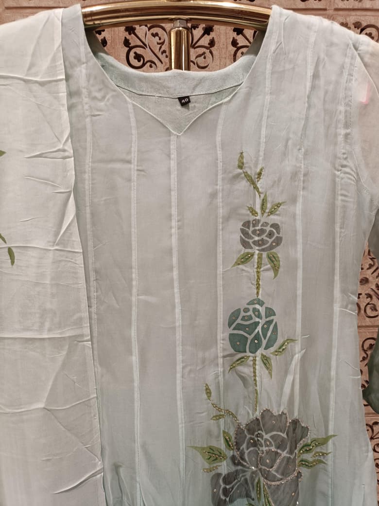 Mint Green Ombre Pintuck Anarkali Suit Set with Floral Appliqué Set.