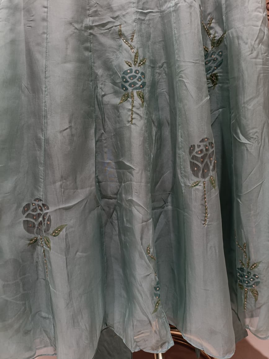 Mint Green Ombre Pintuck Anarkali Suit Set with Floral Appliqué Set.