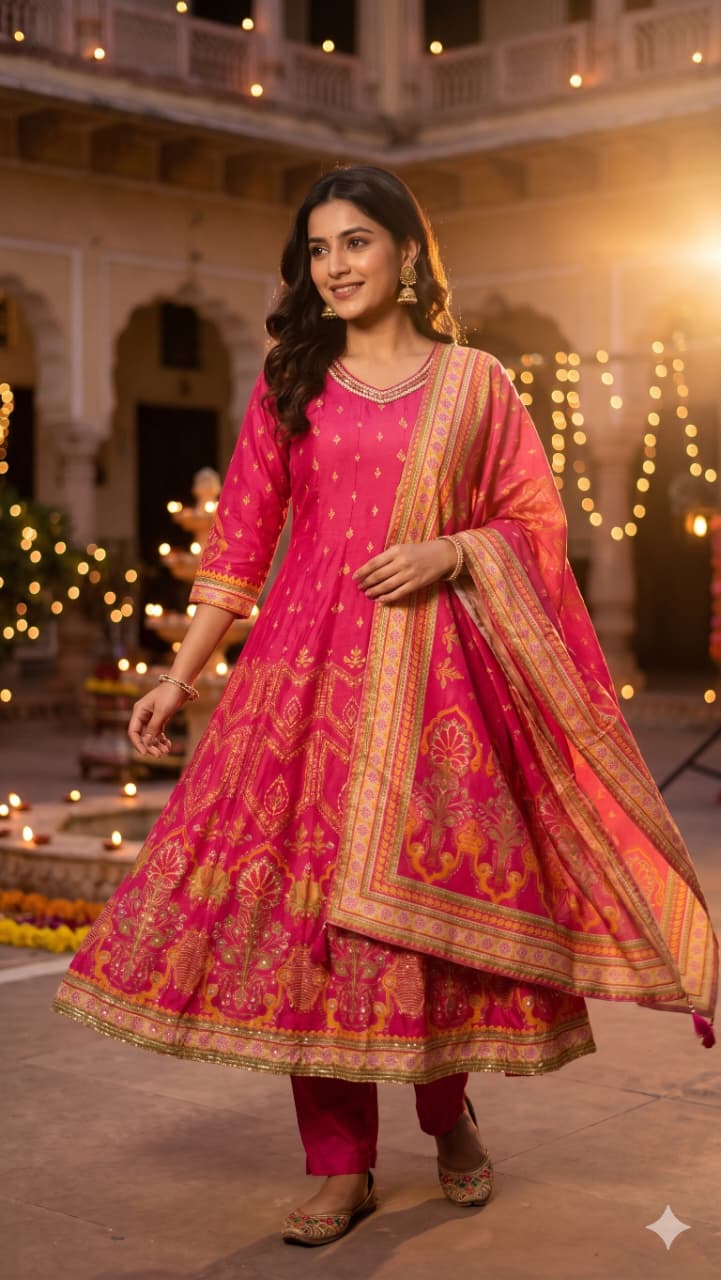 Rani Pink Foil-Print Georgette Anarkali Suit Set with Embroidered Dupatta.