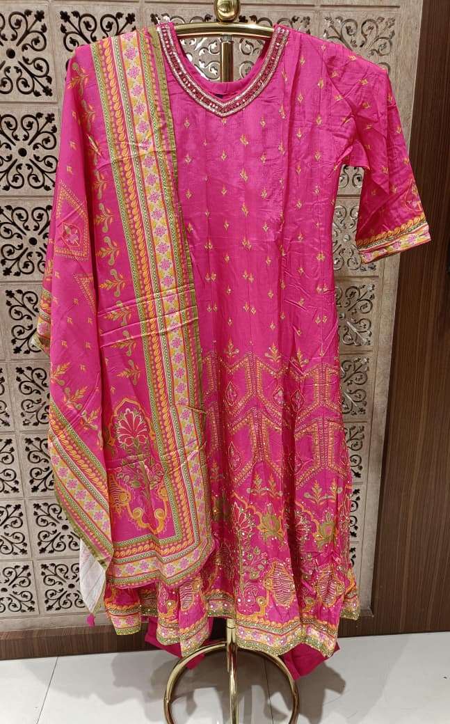 Rani Pink Foil-Print Georgette Anarkali Suit Set with Embroidered Dupatta.