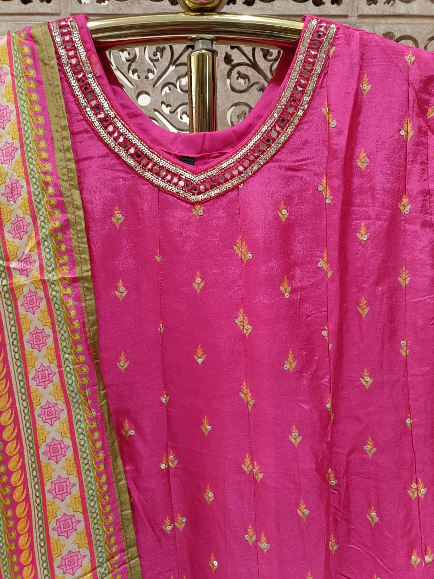 Rani Pink Foil-Print Georgette Anarkali Suit Set with Embroidered Dupatta.