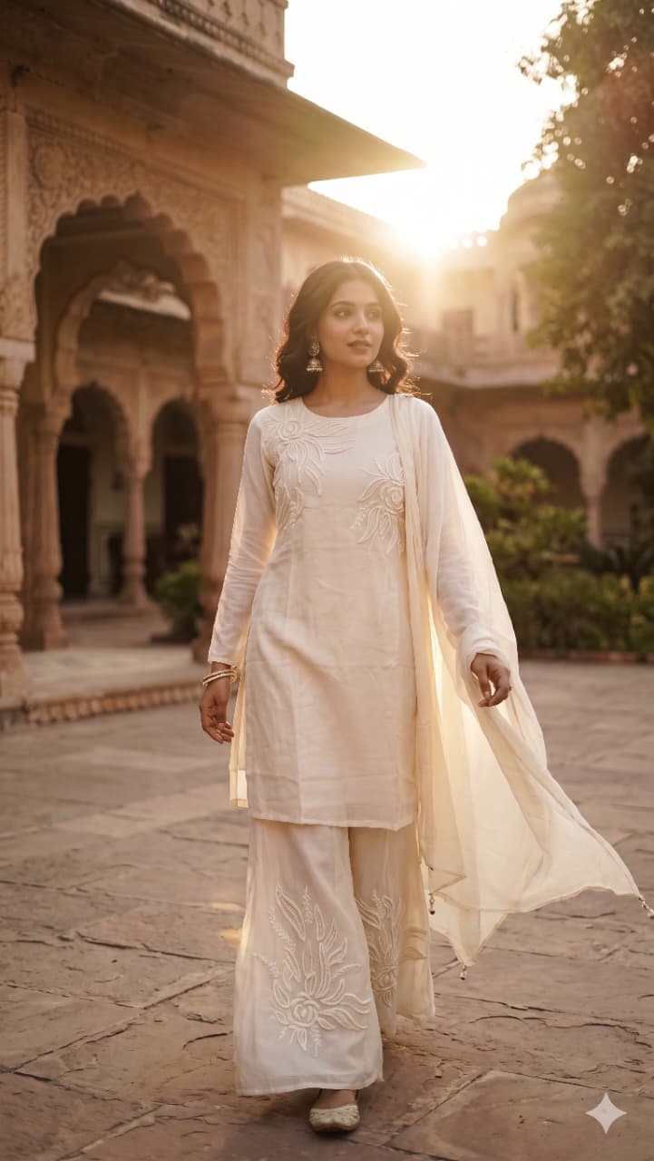 Off-White Mul Chanderi Kurta Palazzo Set with Bold Floral Appliqué