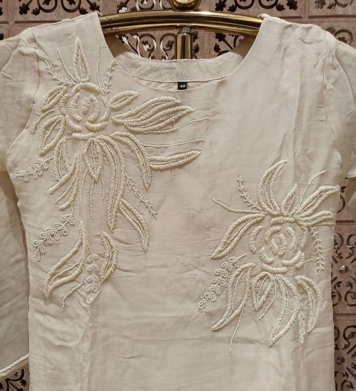 Off-White Mul Chanderi Kurta Palazzo Set with Bold Floral Appliqué