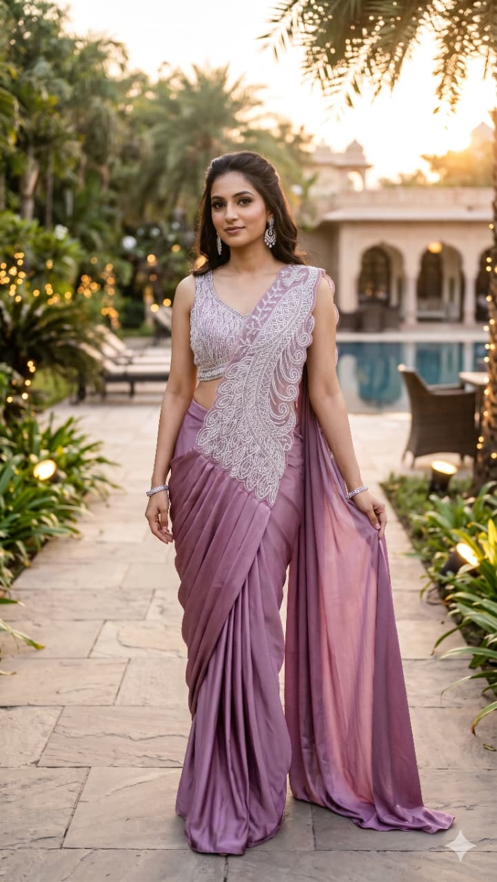 Mauve Satin Ready-to-Wear Saree with Scalloped Cutwork Pallu .