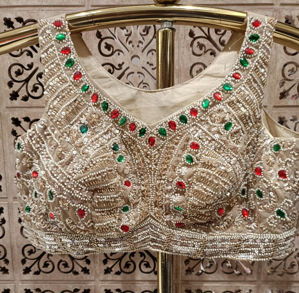 Beige Georgette Ready-to-Wear Saree with Multi-Hued Stone Embroidered Pallu.