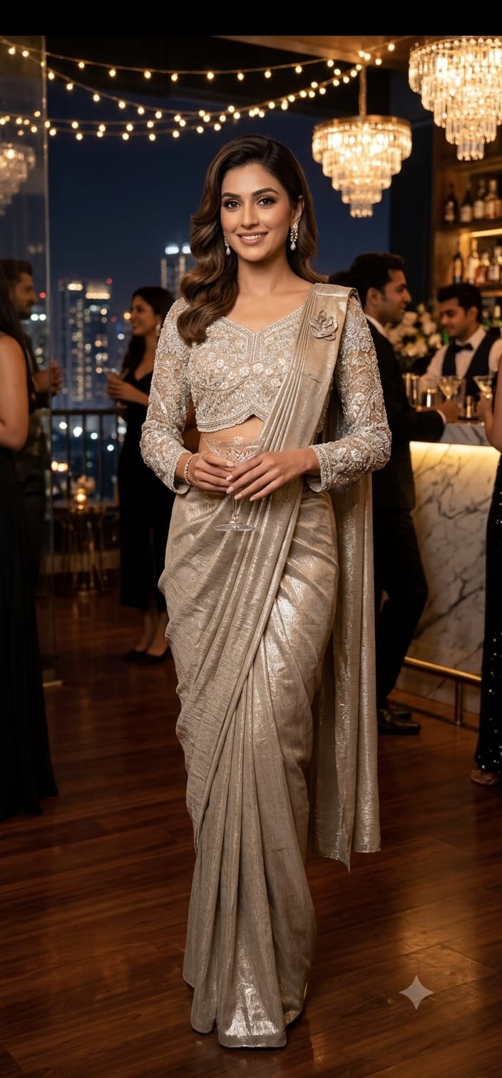 Champagne Gold Crape Satin Metallic Ready-to-Wear Saree with Heavy Embroidered Blouse.