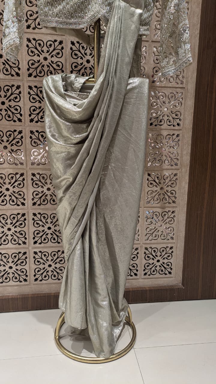 Champagne Gold Crape Satin Metallic Ready-to-Wear Saree with Heavy Embroidered Blouse.