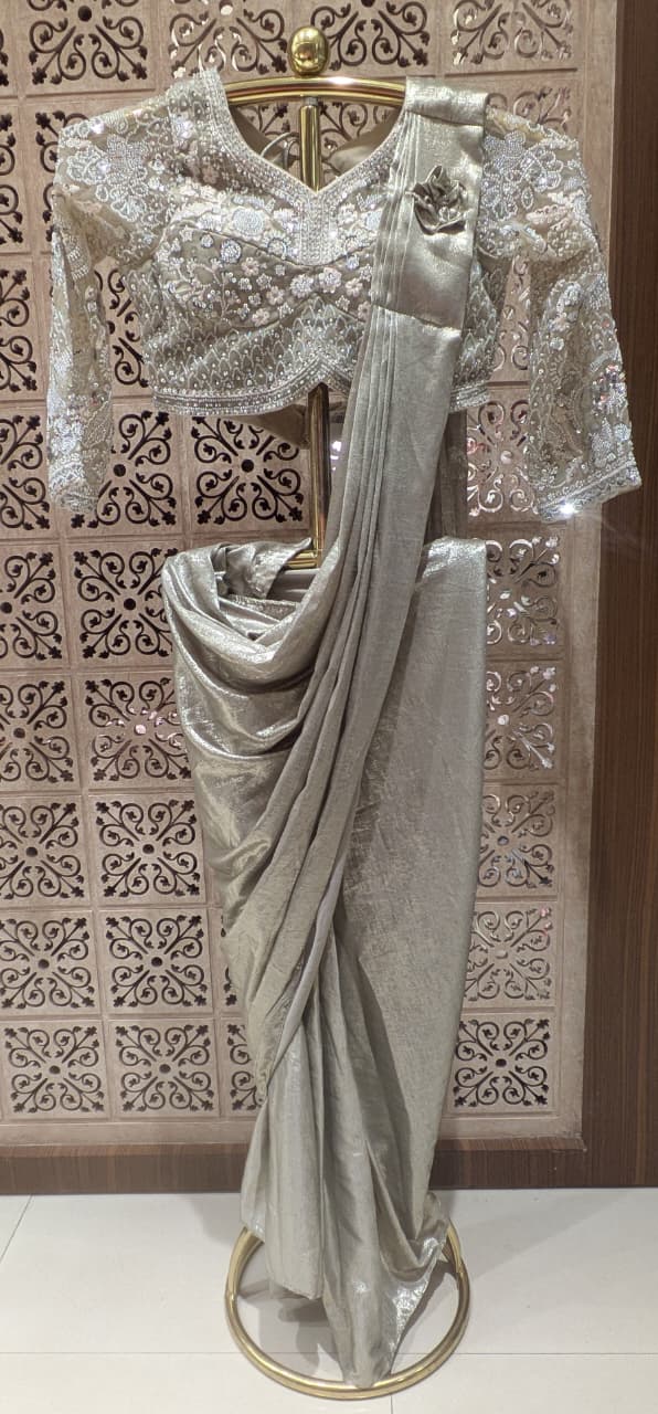 Champagne Gold Crape Satin Metallic Ready-to-Wear Saree with Heavy Embroidered Blouse.