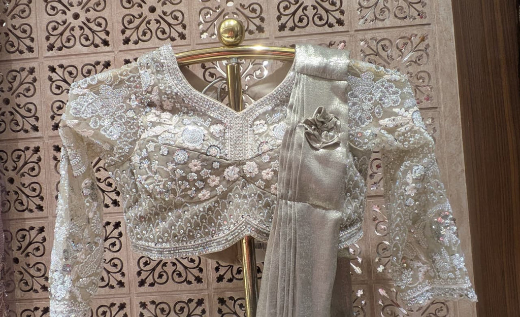 Champagne Gold Crape Satin Metallic Ready-to-Wear Saree with Heavy Embroidered Blouse.