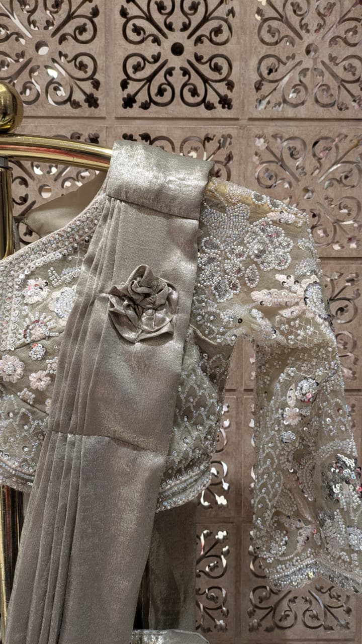 Champagne Gold Crape Satin Metallic Ready-to-Wear Saree with Heavy Embroidered Blouse.