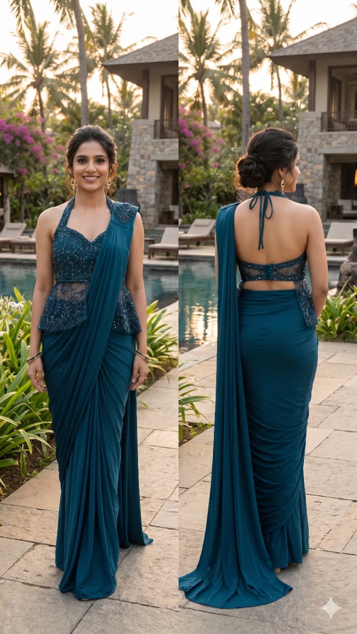 Teal Blue Pre-Stitched Satin Ready-to-Wear Saree with Embroidered Halter Corset Blouse .