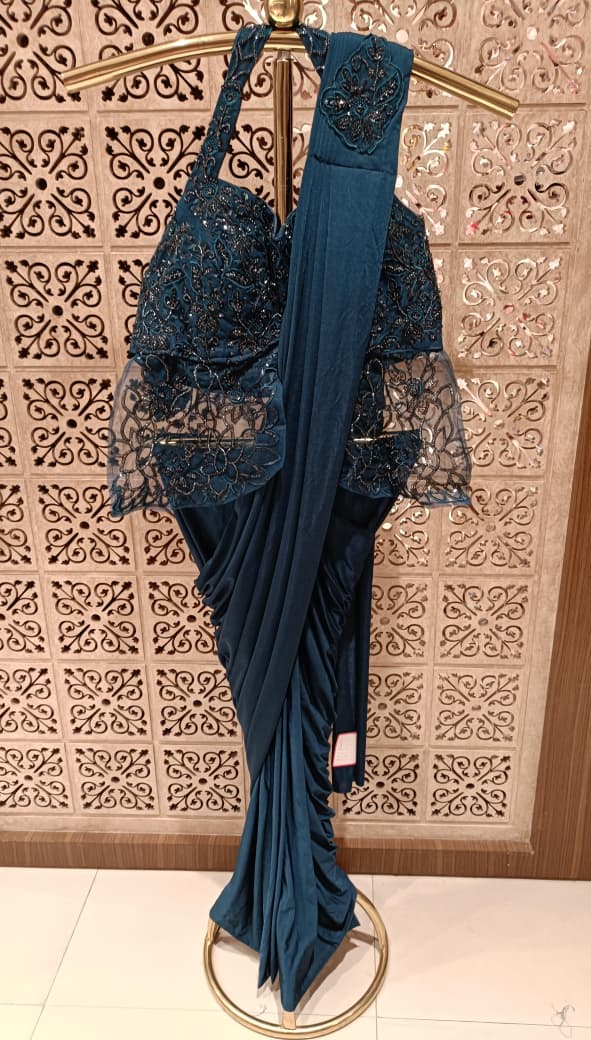 Teal Blue Pre-Stitched Satin Ready-to-Wear Saree with Embroidered Halter Corset Blouse .