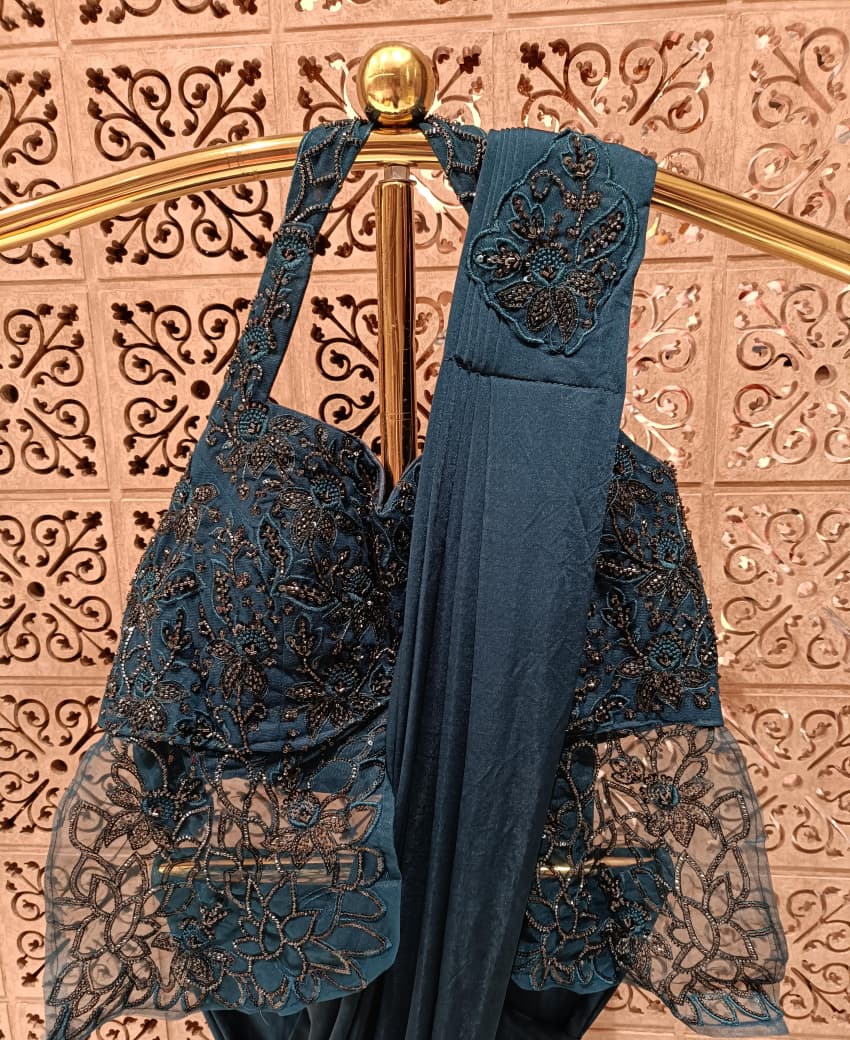 Teal Blue Pre-Stitched Satin Ready-to-Wear Saree with Embroidered Halter Corset Blouse .