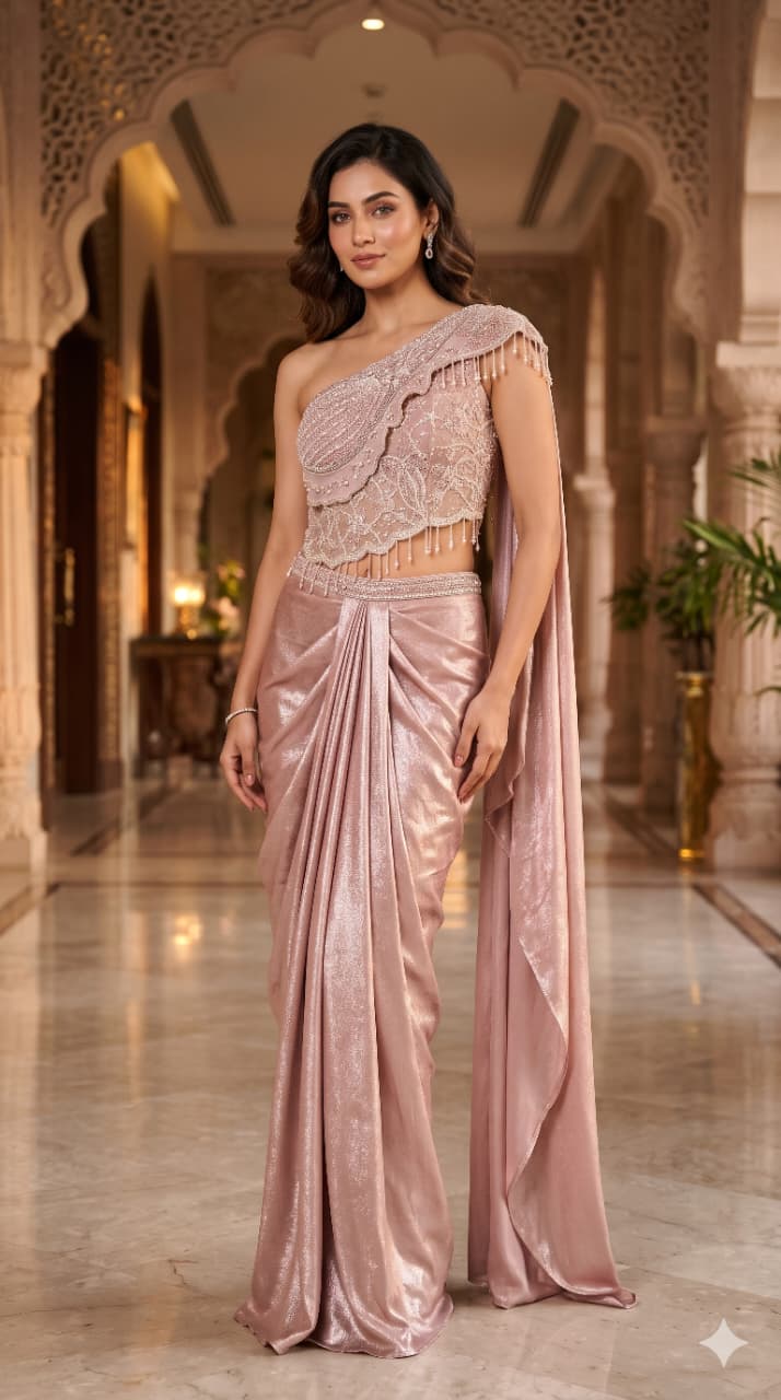 Rose Gold One-Shoulder Ready-to-Wear Crap Satin Saree with Ruched Dhoti Drape.