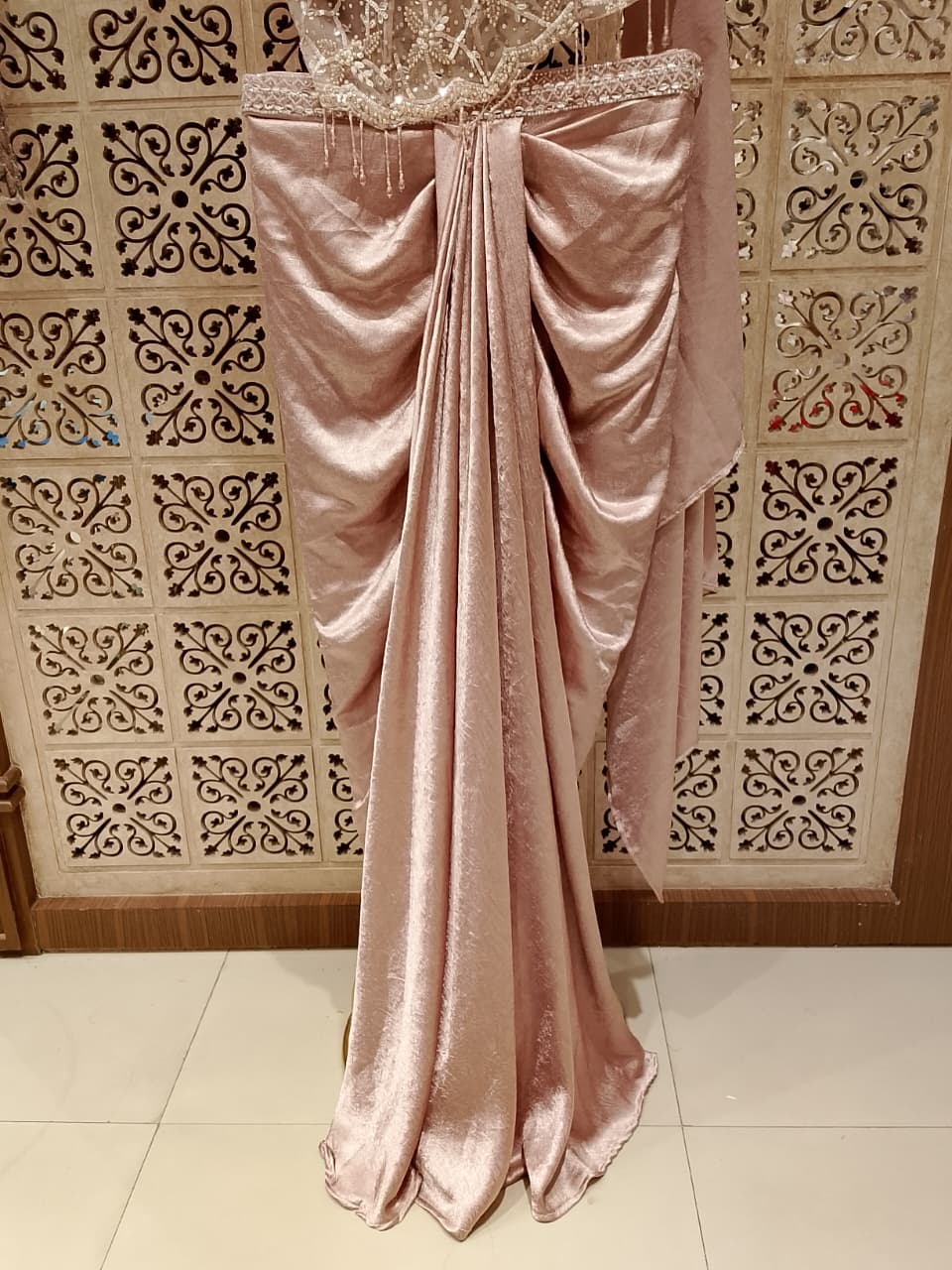 Rose Gold One-Shoulder Ready-to-Wear Crap Satin Saree with Ruched Dhoti Drape.