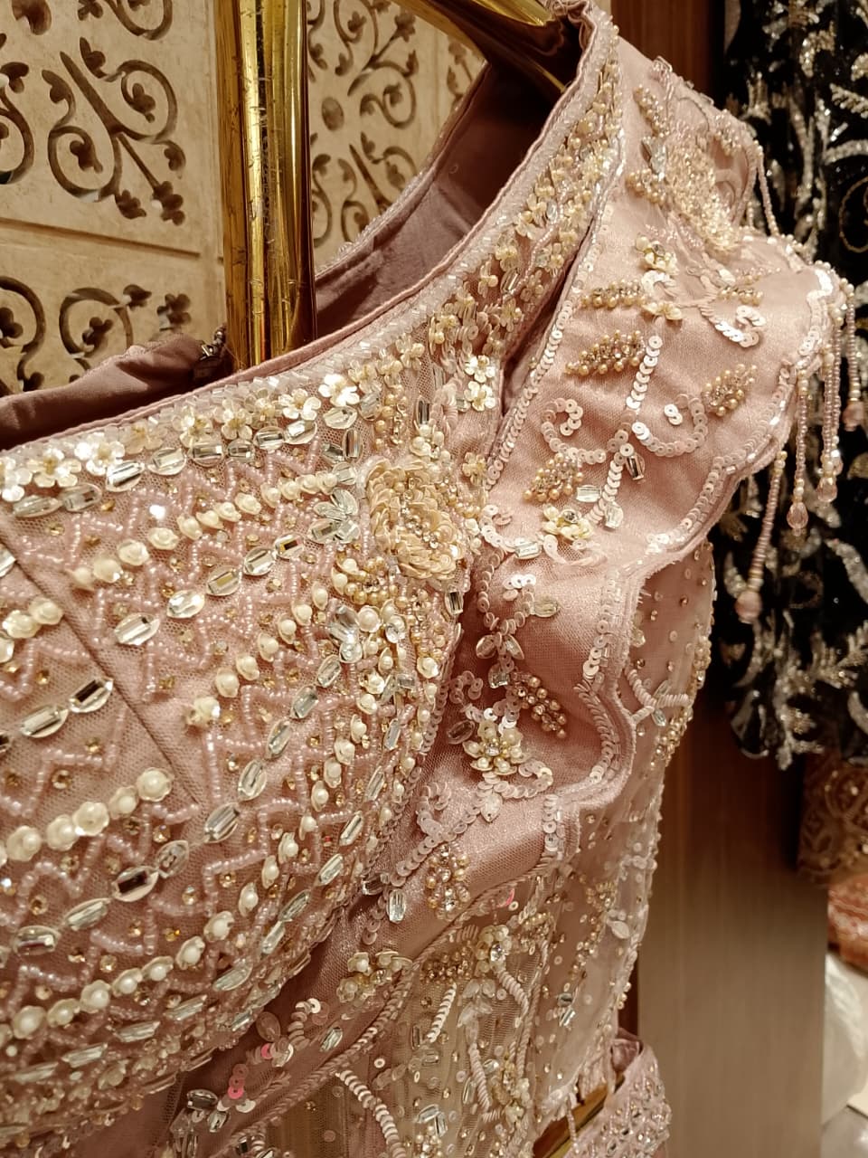 Rose Gold One-Shoulder Ready-to-Wear Crap Satin Saree with Ruched Dhoti Drape.