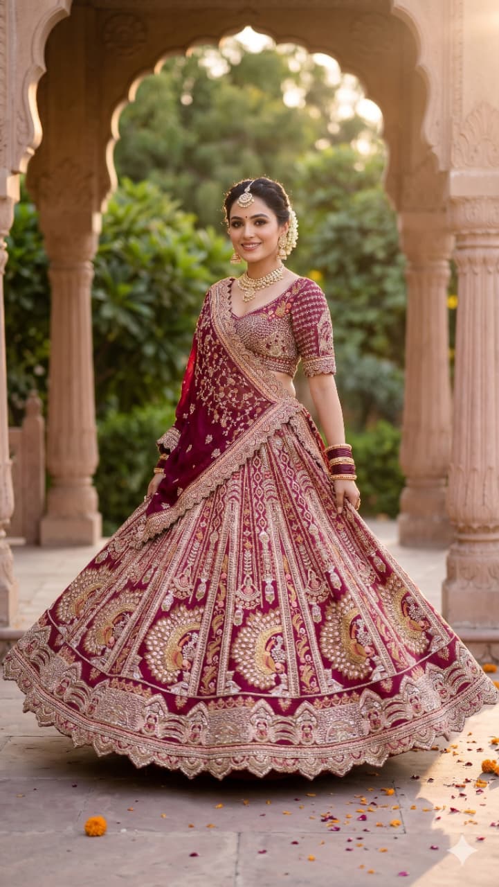 Rani Pink Royal Raw Silk Bridal Lehenga with Peacock and Kalash Zardosi Embroidery.