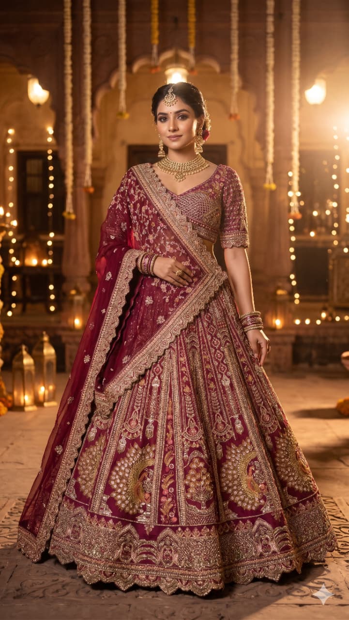 Rani Pink Royal Raw Silk Bridal Lehenga with Peacock and Kalash Zardosi Embroidery.