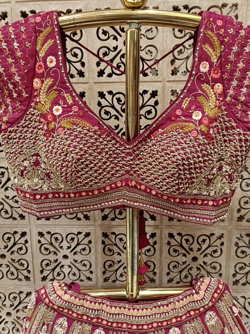 Rani Pink Royal Raw Silk Bridal Lehenga with Peacock and Kalash Zardosi Embroidery.