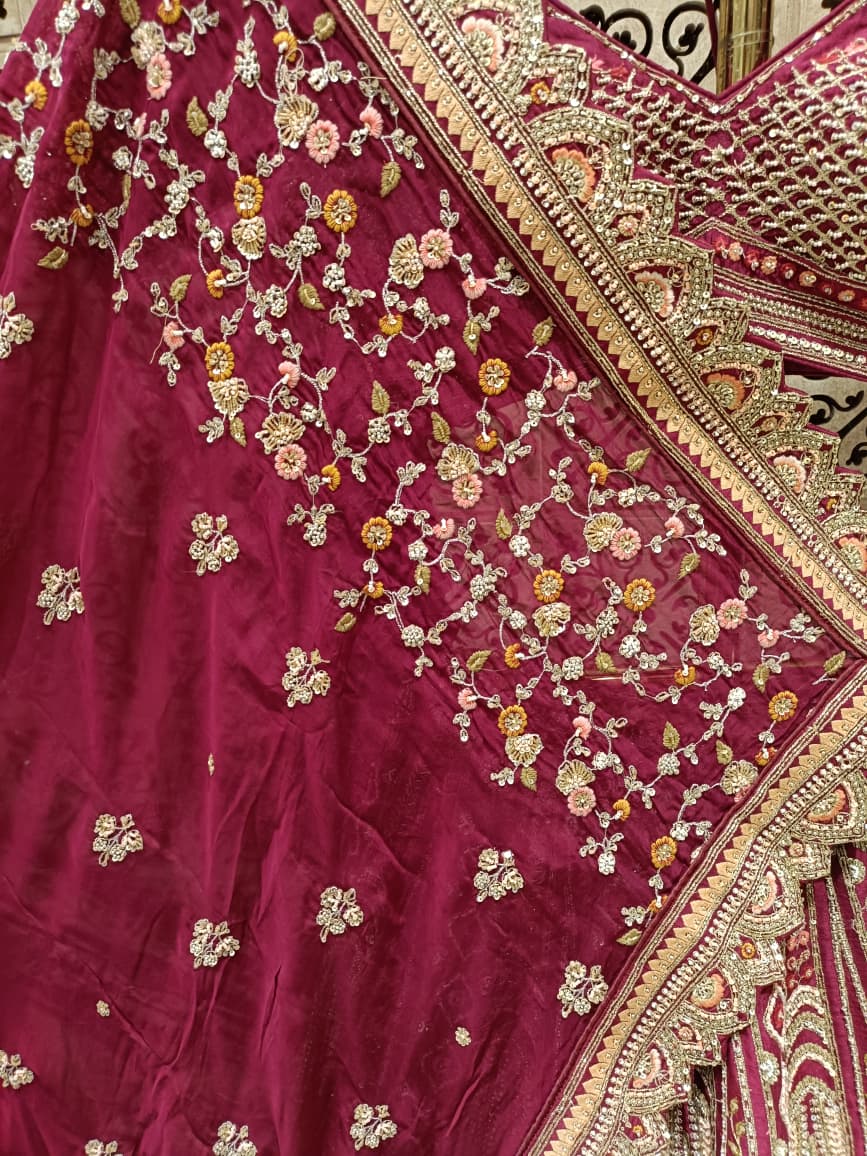 Rani Pink Royal Raw Silk Bridal Lehenga with Peacock and Kalash Zardosi Embroidery.