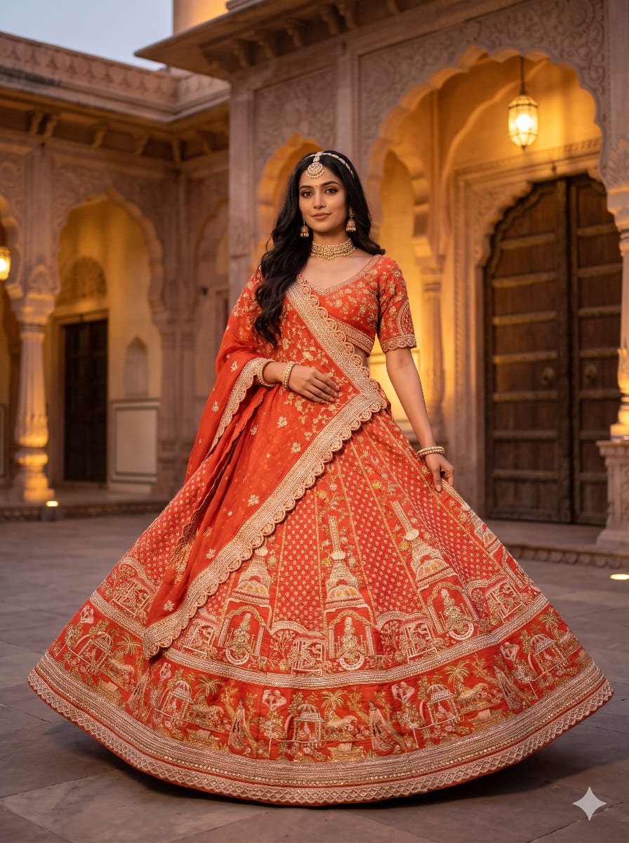 Rust Orange Raw Silk Bridal Lehenga with Heritage Doli and Baraat Zardosi Embroidery.