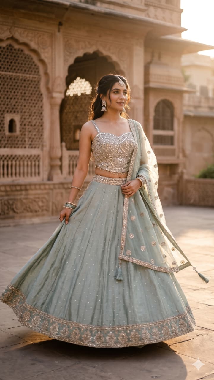 Sage Green Simmer Silk Lehenga Choli Set with Mirror Work.