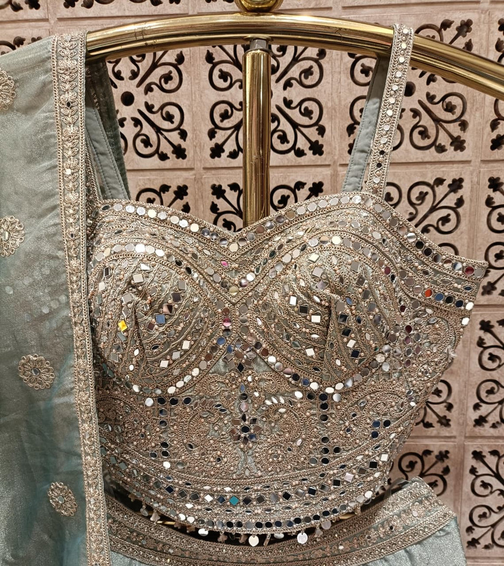 Sage Green Simmer Silk Lehenga Choli Set with Mirror Work.