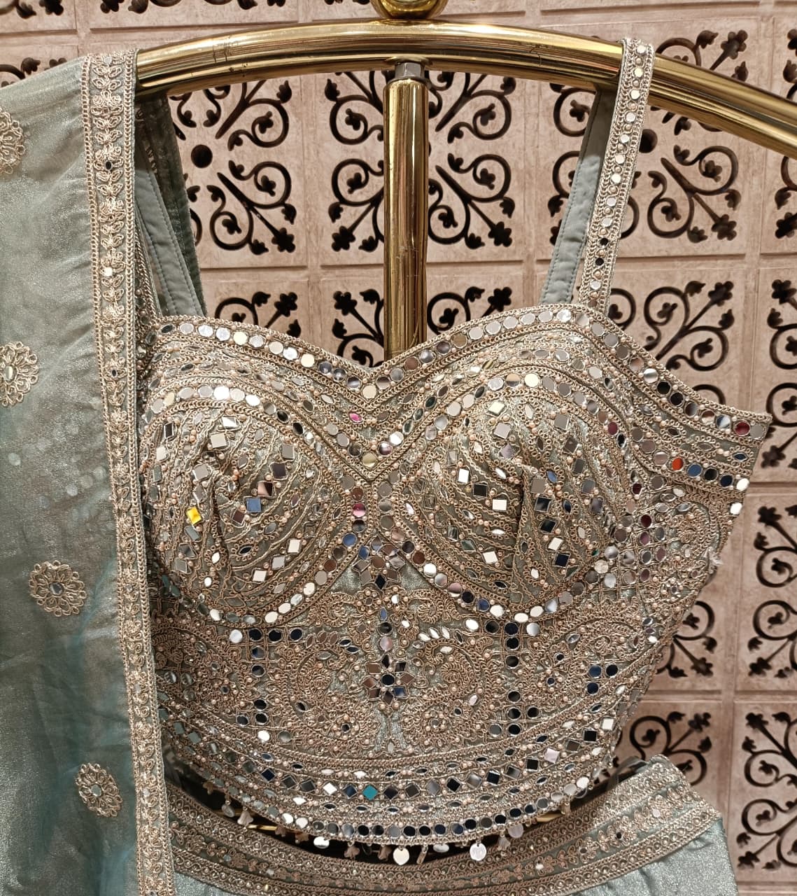 Sage Green Simmer Silk Lehenga Choli Set with Mirror Work.