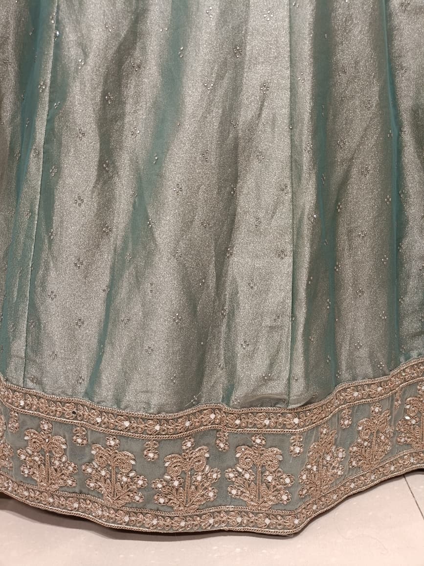 Sage Green Simmer Silk Lehenga Choli Set with Mirror Work.