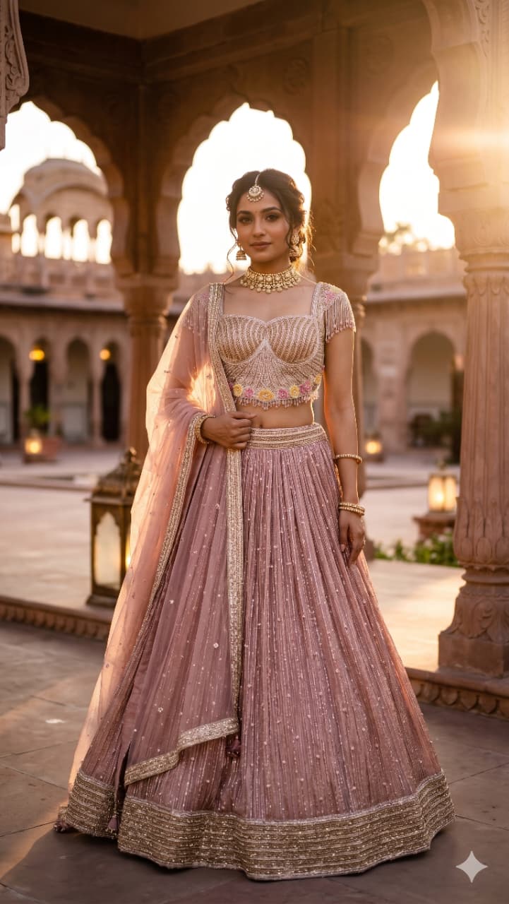 Blush Pink Crush Organza Lehenga Choli Set with Heavy Corset Blouse .