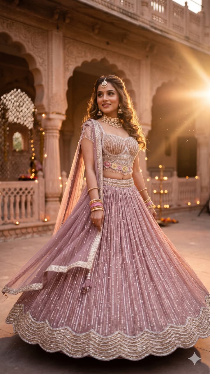 Blush Pink Crush Organza Lehenga Choli Set with Heavy Corset Blouse .