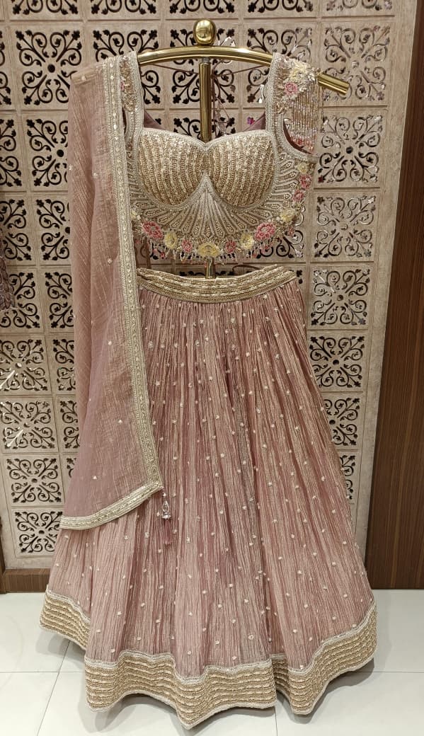 Blush Pink Crush Organza Lehenga Choli Set with Heavy Corset Blouse .