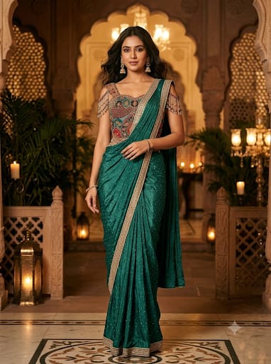 Teal Green Georgette Pre-Stitched Saree with Cold-Shoulder Fringe Blouse.