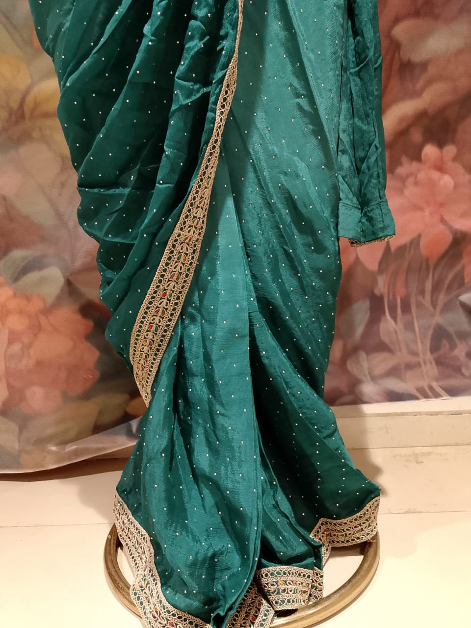 Teal Green Georgette Pre-Stitched Saree with Cold-Shoulder Fringe Blouse.